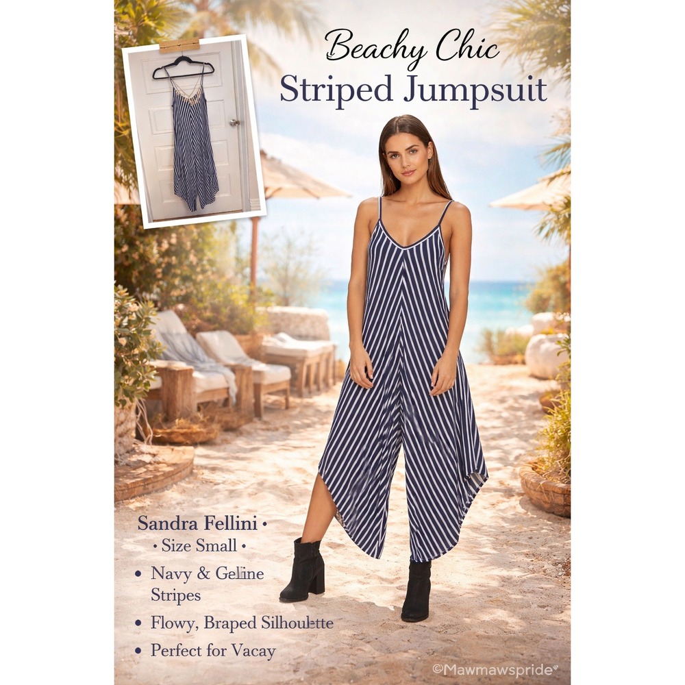 Sandra Fellini‎ Navy White Striped Jumpsuit Wide Leg Draped Beachy Chic Small